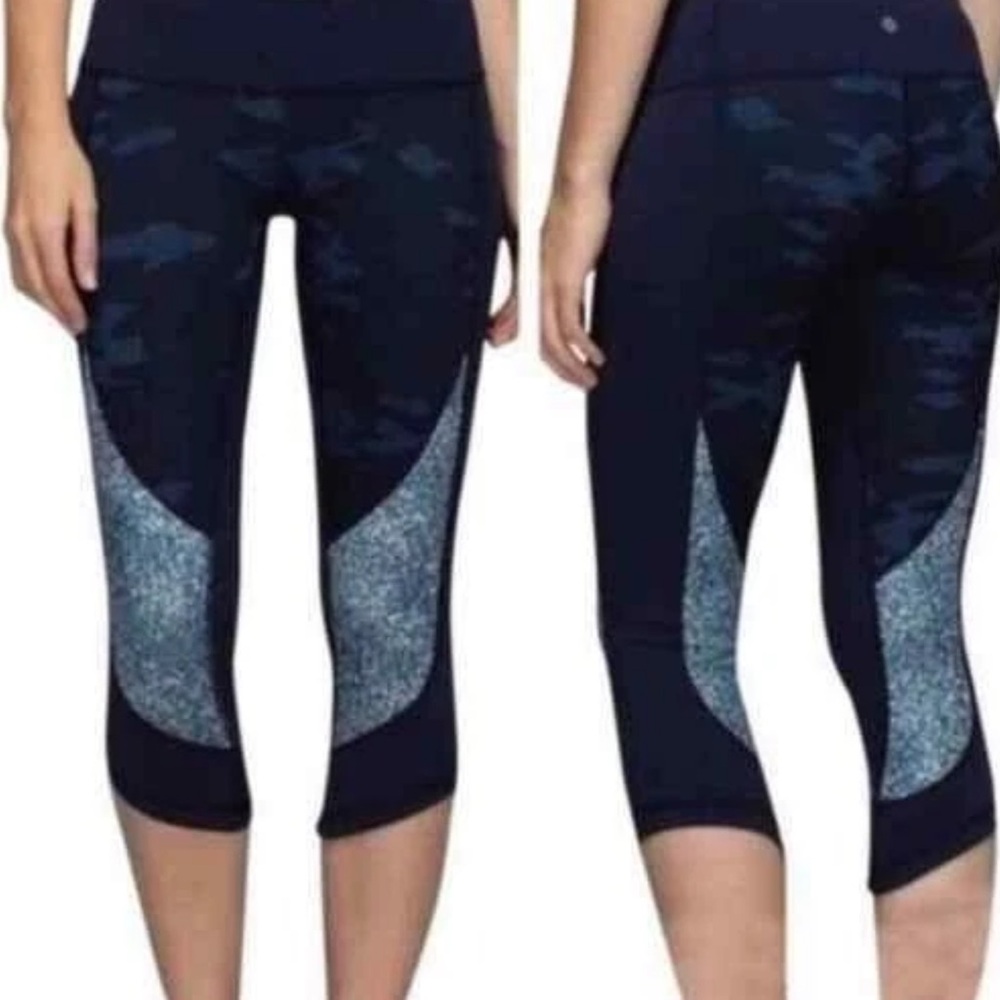 LULULEMON Wunder Under Sz 2 Crop Leggings Sashiko Cross Inkwell Blue Camo Pocket